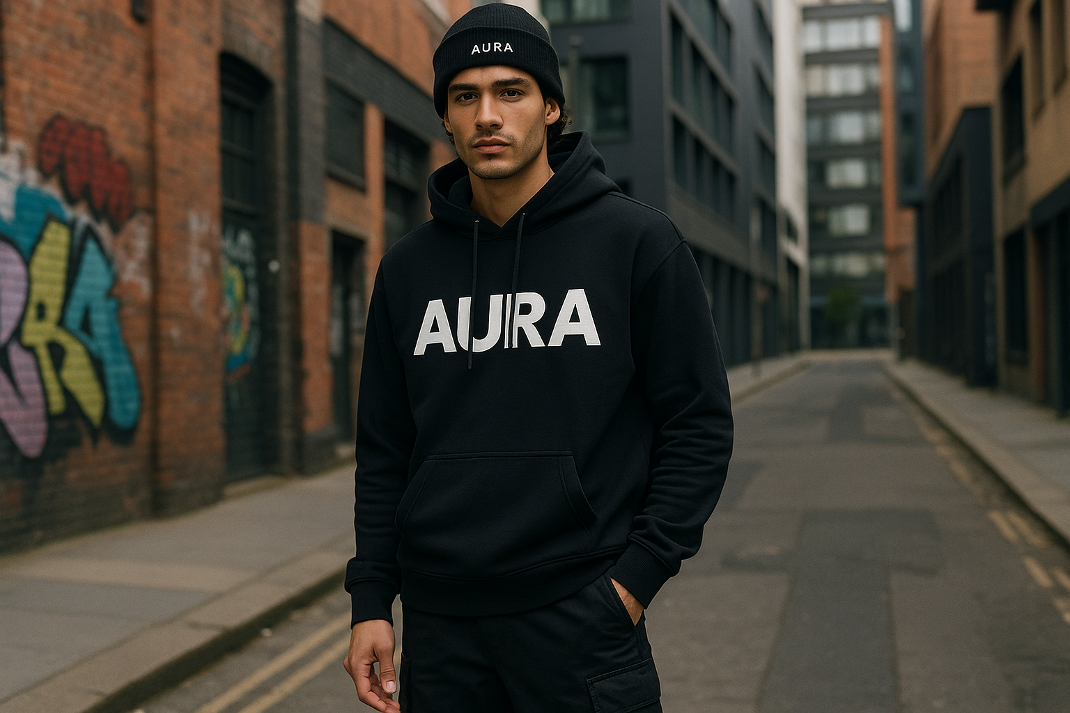 Model in street wearing a street wear with brand name aura 