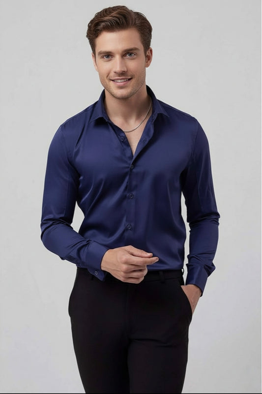 Dark blue satin spread collar shirt