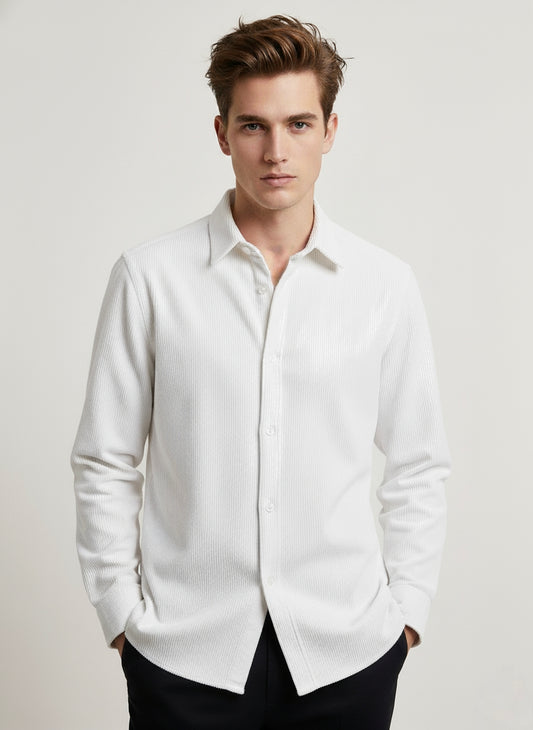 White corduroy textured casual shirt