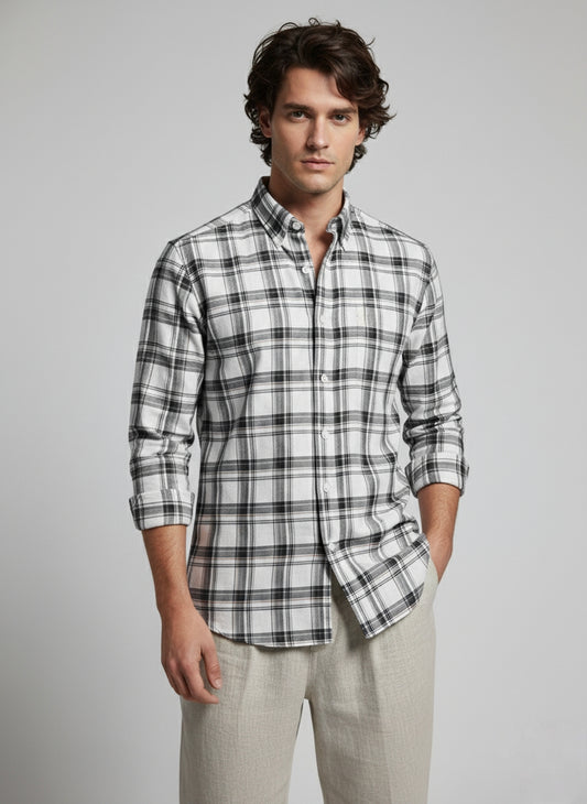 Classic spread collar white check shirt