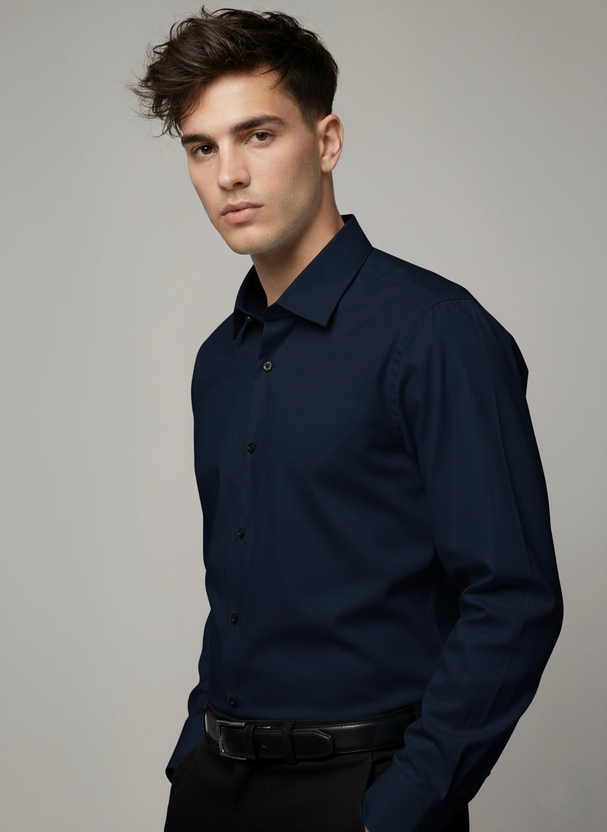 Navy blue satin spread collar shirt