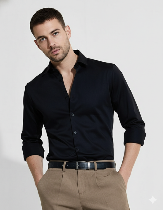 Solid Black satin spread collar shirt